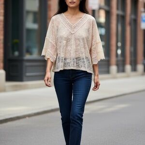 Candie's Lace V-Neck Sheer Blouse in Light Beige